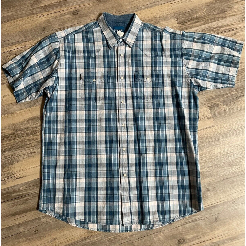 Wrangler Western Shirt Pearl Snap Short Sleeve Blue Plaid Cowboy 2XT Tall
